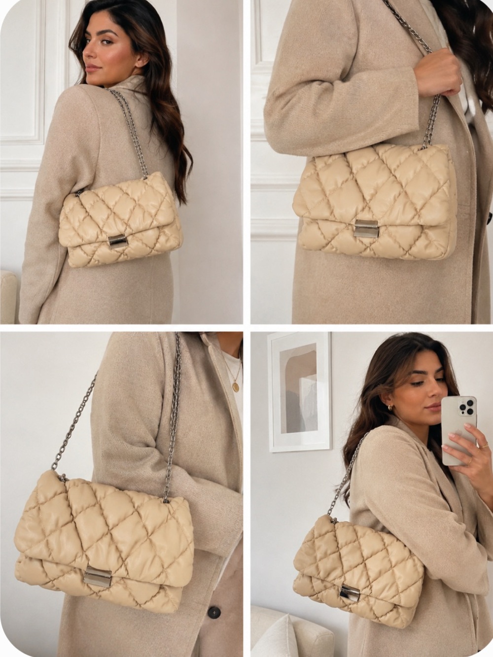 H&M Quilted Beige Shoulder Bag with Silver Hardware